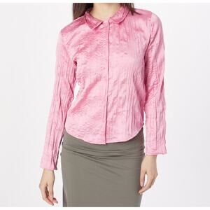 Monki Women’s Pink Crinkle Satin Blouse Long Sleeve Button Down Size L/XL (48)
